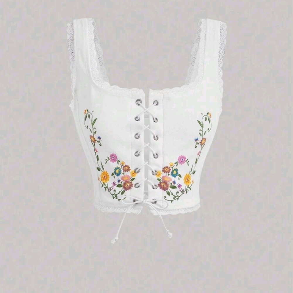 Floral Lace-Up White Crop Top Corset Size M